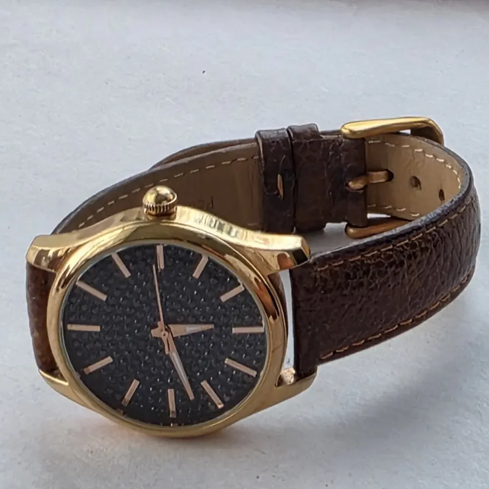 Bronzo Italia Black Spinel Stone‎ Dial Bronze Yellow Gold Watch Leather Band New